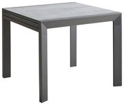 Moderner quadratischer Gartentisch aus Metall mit grauer Tischplatte, seitliche Perspektive