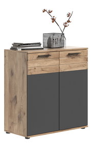 Kommode aus Holz mit zwei Schubladen und zwei Türen in dunklem Grau, dekoriert mit Büchern und einer Vase mit Zweigen, seitliche Perspektive