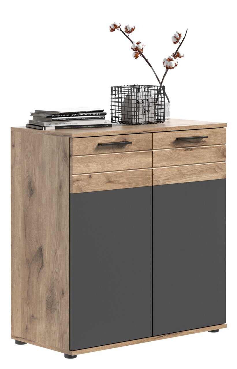 Kommode aus Holz mit zwei Schubladen und zwei Türen in dunklem Grau, dekoriert mit Büchern und einer Vase mit Zweigen, seitliche Perspektive