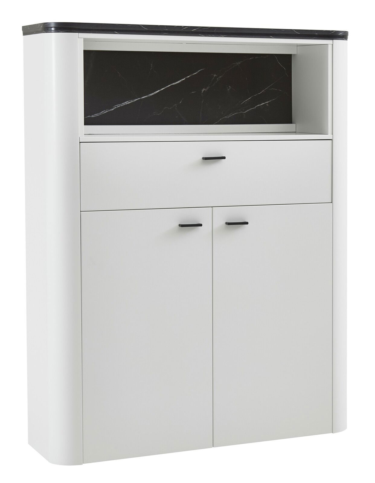 Zurbrüggen Hoogkast WAVE Weißes Highboard mit schwarzer Marmorplatte und offenen Fächern, frontale Perspektive
