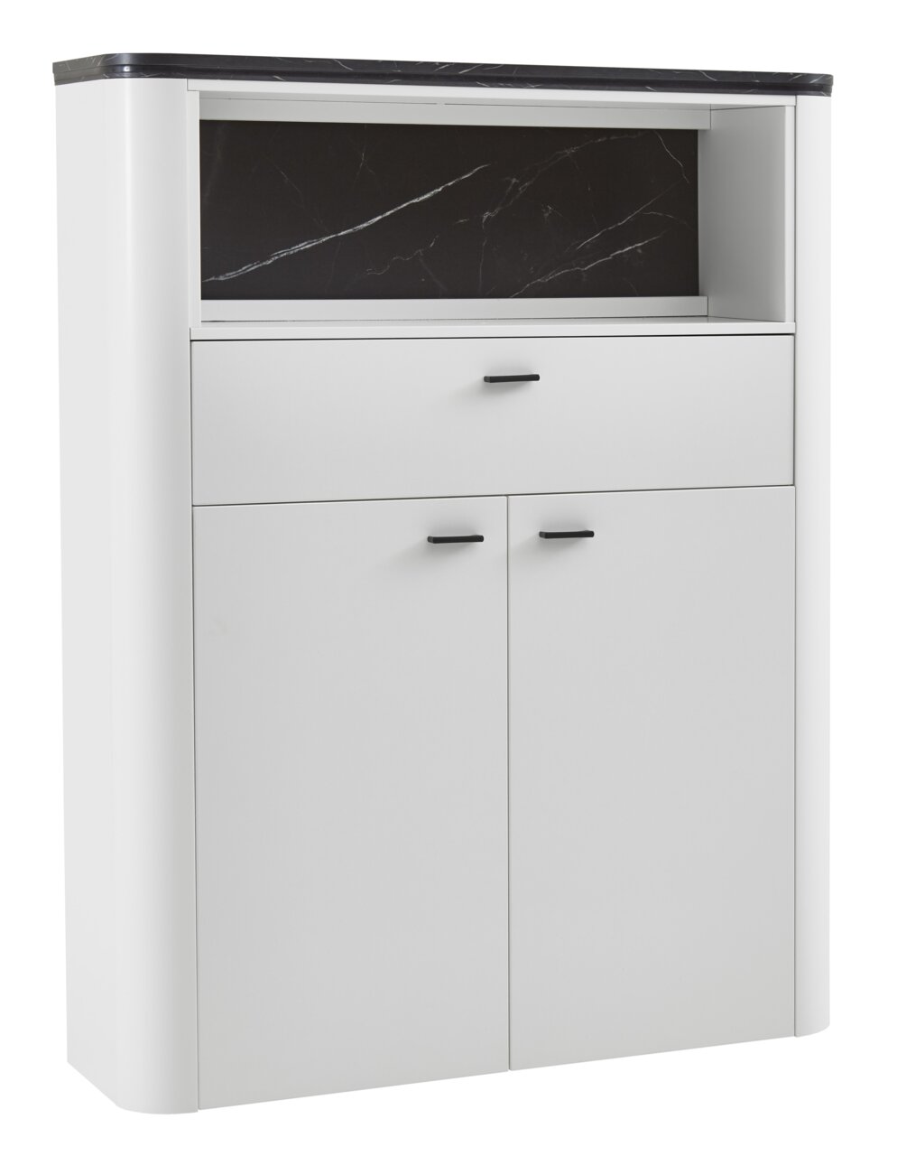 Weißes Highboard mit schwarzer Marmorplatte und offenen Fächern, frontale Perspektive