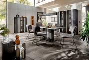 Moderne Esszimmer-Einrichtung mit grauem Esstisch und Stühlen, umgeben von Vitrinen und Dekorationen in einem hellen Raum mit großen Fenstern, seitliche Perspektive.