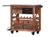 Rustikaler Servierwagen aus Holz mit Schubladen, Weinregal und Rollen, seitliche Perspektive