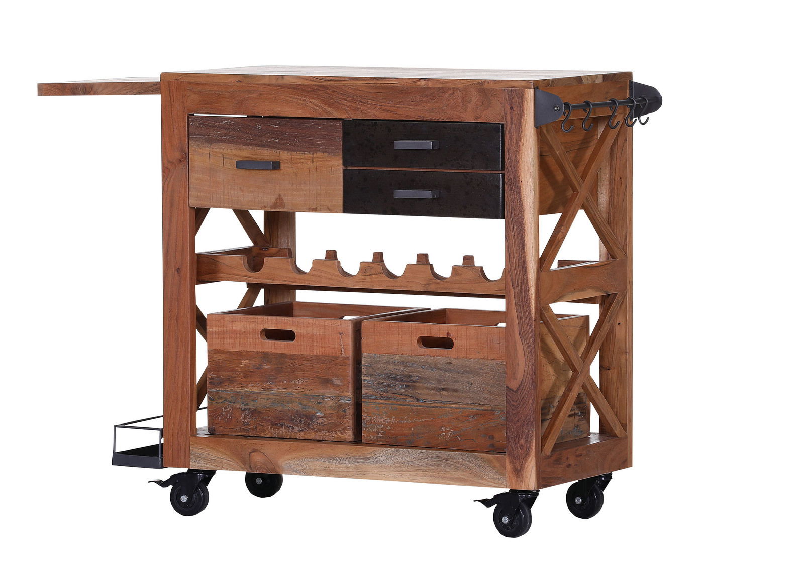 Rustikaler Servierwagen aus Holz mit Schubladen, Weinregal und Rollen, seitliche Perspektive
