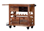Rustikaler Servierwagen aus Holz mit Schubladen, Weinregal und Rollen, seitliche Perspektive