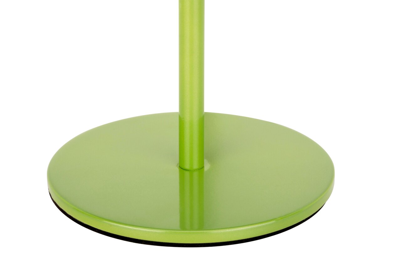 Groene voet van een accu-tafellamp, gezien vanaf de zijkant.