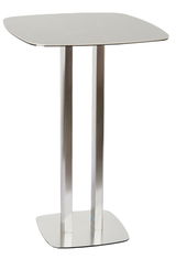 Moderner Bartisch aus Edelstahl mit quadratischer Tischplatte, seitliche Perspektive