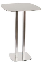 Moderner Bartisch aus Edelstahl mit quadratischer Tischplatte, seitliche Perspektive