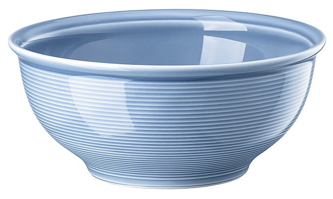 Blaue Müslischale mit geriffelter Oberfläche, seitliche Perspektive