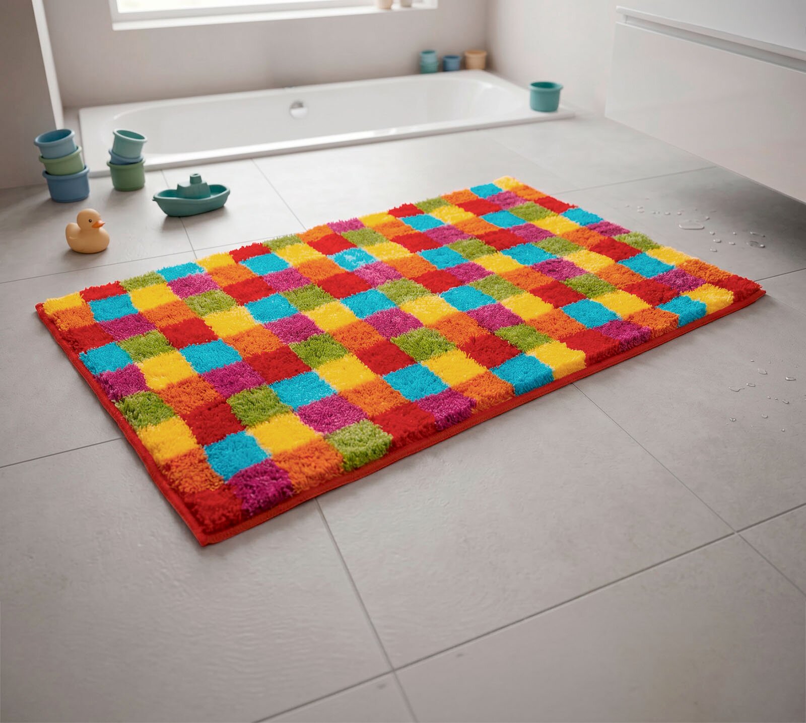 Grund Badteppich CINDY Bunter Badteppich mit kariertem Muster in Rot, Gelb, Blau, Grün und Pink auf grauen Fliesen vor einer Badewanne, aufgenommen aus schräger Seitenansicht leicht von oben