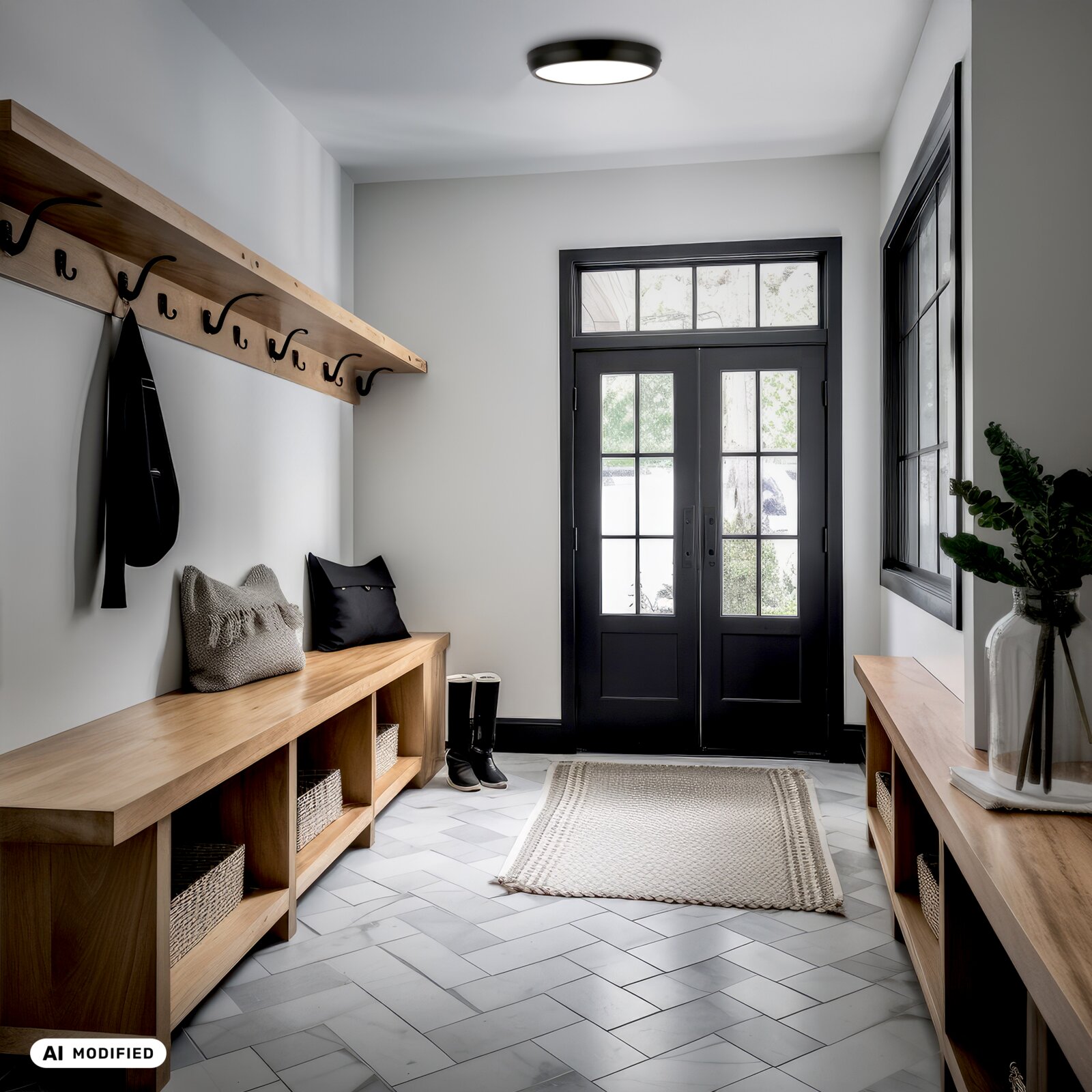 Briloner LED-plafondlamp NAVARO Moderne hal met zwarte dubbele voordeur met glas, houten bank en kapstok met haken, gezien in frontaal perspectief vanaf ooghoogte richting de ingang