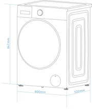 Technische Linienzeichnung einer Frontlader-Waschmaschine mit Maßangaben (Höhe 847 mm, Breite 600 mm, Tiefe 520 mm), gezeigt in schräger Vorderansicht von vorne rechts.