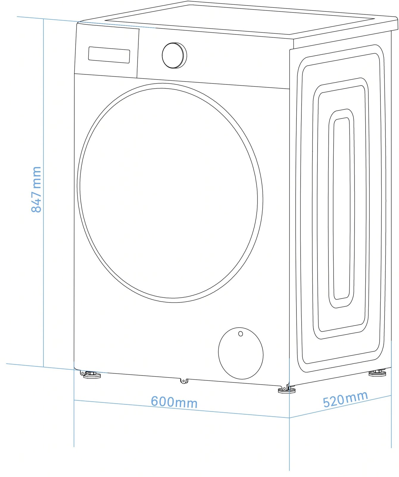 Technische Linienzeichnung einer Frontlader-Waschmaschine mit Maßangaben (Höhe 847 mm, Breite 600 mm, Tiefe 520 mm), gezeigt in schräger Vorderansicht von vorne rechts.