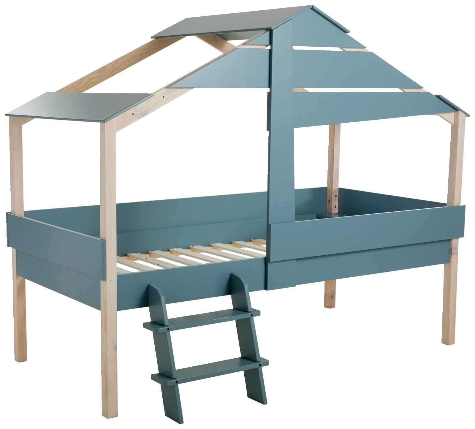 Hausbett in Form eines Hauses mit Leiter, aus Holz und in Blau, seitliche Perspektive