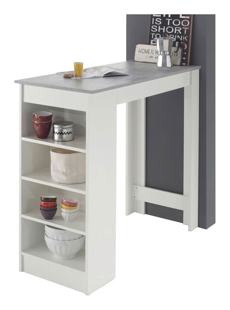 Moderner weißer Bartisch mit grauer Tischplatte und integrierten Regalen, seitliche Perspektive.