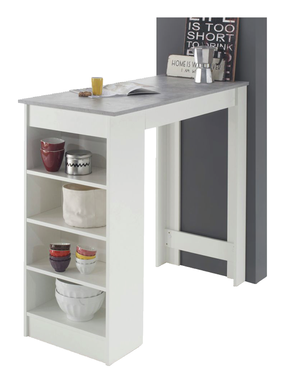Z2 Bartisch MOJITO Moderner weißer Bartisch mit grauer Tischplatte und integrierten Regalen, seitliche Perspektive.