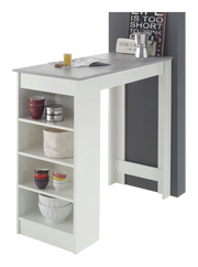 Moderner weißer Bartisch mit grauer Tischplatte und integrierten Regalen, seitliche Perspektive.