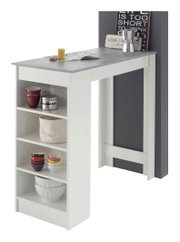 Moderner weißer Bartisch mit grauer Tischplatte und integrierten Regalen, seitliche Perspektive.