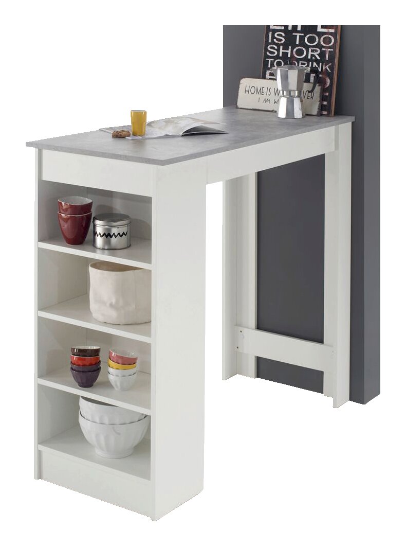 Z2 Bar MOJITO Moderne witte bartafel met grijs tafelblad en ingebouwde planken, gezien vanaf de zijkant.