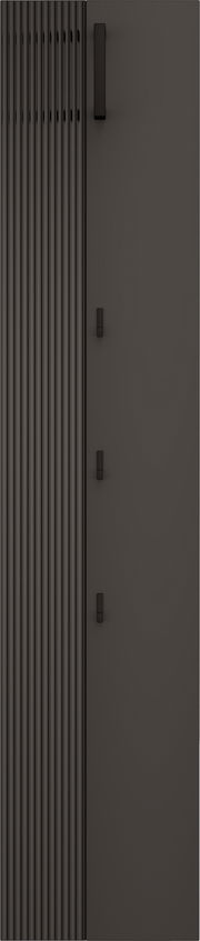Garderobenpaneel in dunklem Design mit vertikalen Linien und mehreren Haken, frontal betrachtet.