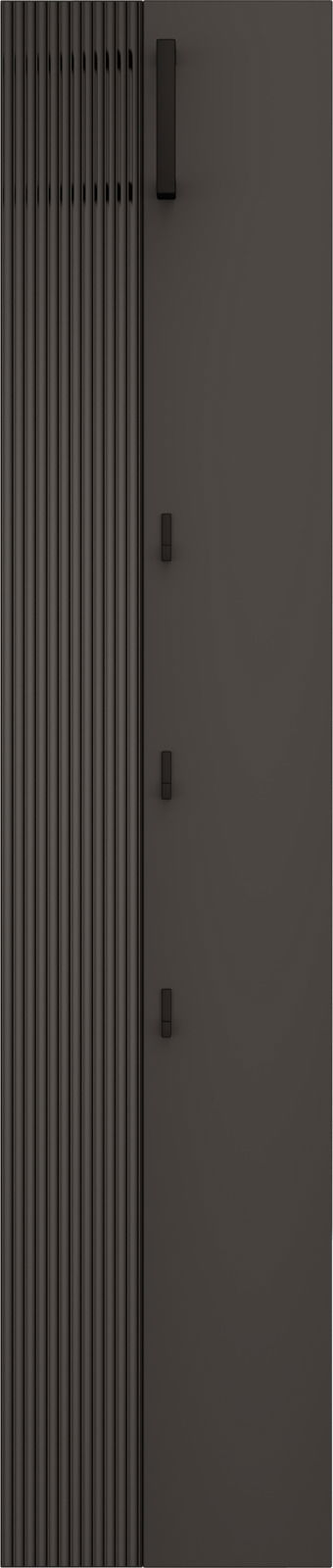 Garderobenpaneel in dunklem Design mit vertikalen Linien und mehreren Haken, frontal betrachtet.