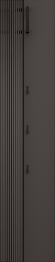 Garderobenpaneel in dunklem Design mit vertikalen Linien und mehreren Haken, frontal betrachtet.