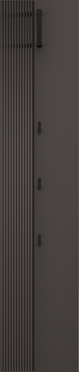 Garderobenpaneel in dunklem Design mit vertikalen Linien und mehreren Haken, frontal betrachtet.