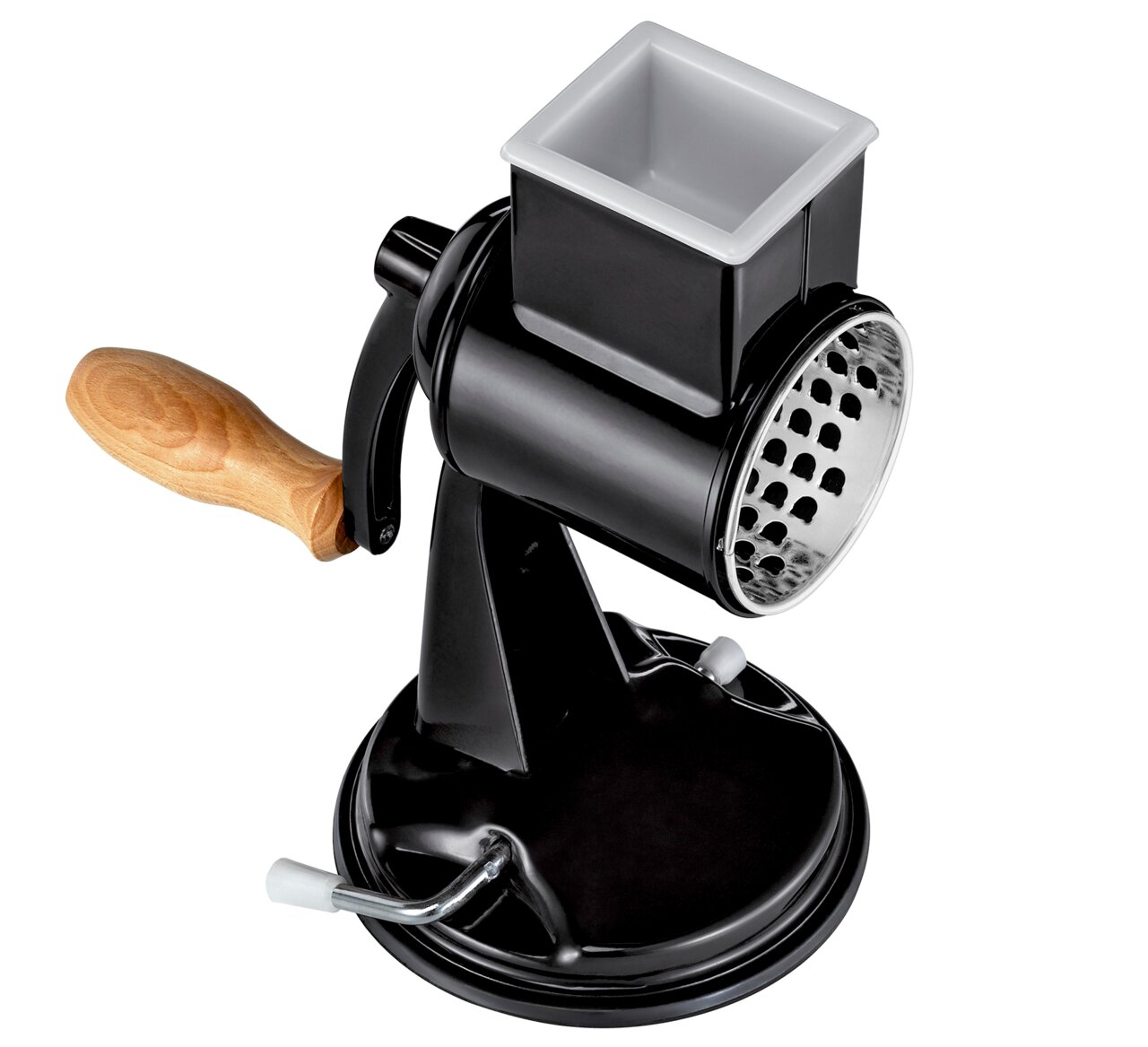 Trommelreibe CLASSIC in Schwarz mit Holzgriff, seitliche Perspektive