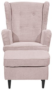Gemütlicher Sessel mit Hocker in rosa Cordstoff, Frontalansicht