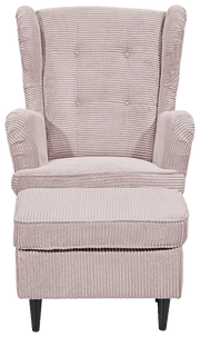 Gemütlicher Sessel mit Hocker in rosa Cordstoff, Frontalansicht
