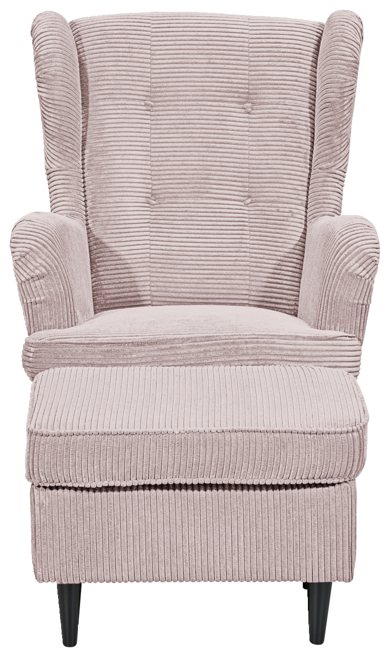 Gemütlicher Sessel mit Hocker in rosa Cordstoff, Frontalansicht