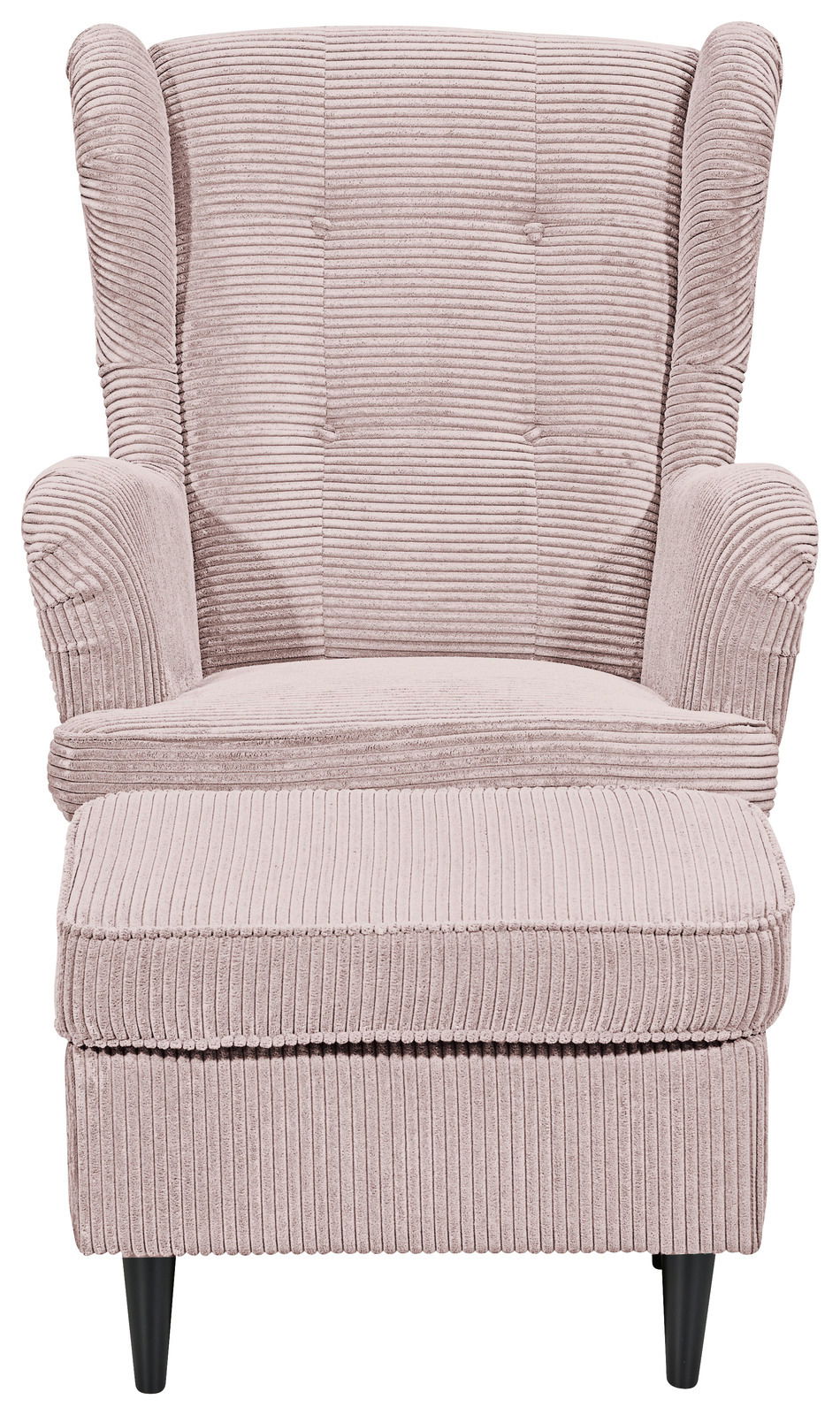 Gemütlicher Sessel mit Hocker in rosa Cordstoff, Frontalansicht