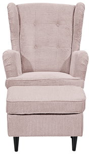 Gemütlicher Sessel mit Hocker in rosa Cordstoff, Frontalansicht