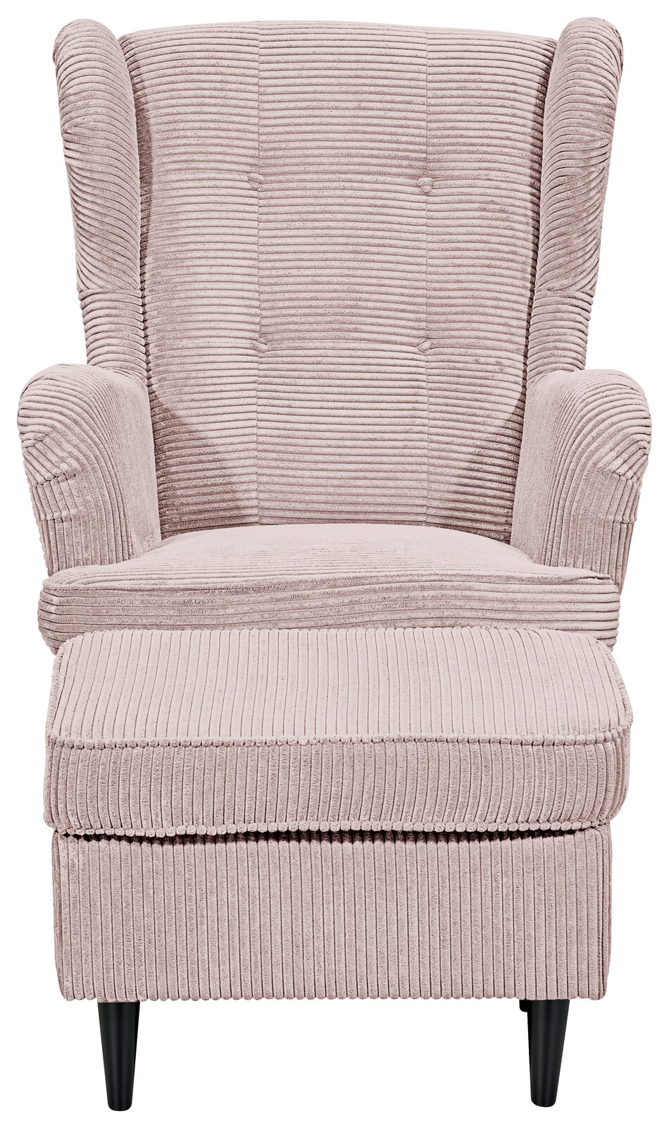 Gemütlicher Sessel mit Hocker in rosa Cordstoff, Frontalansicht
