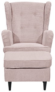 Gemütlicher Sessel mit Hocker in rosa Cordstoff, Frontalansicht