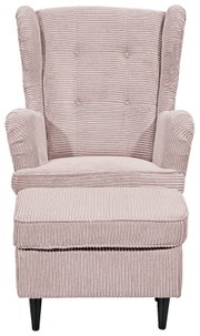 Gemütlicher Sessel mit Hocker in rosa Cordstoff, Frontalansicht