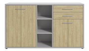 Aktenschrank mit zwei Türen, zwei Schubladen und offenen Regalfächern in Holzoptik, Frontalansicht