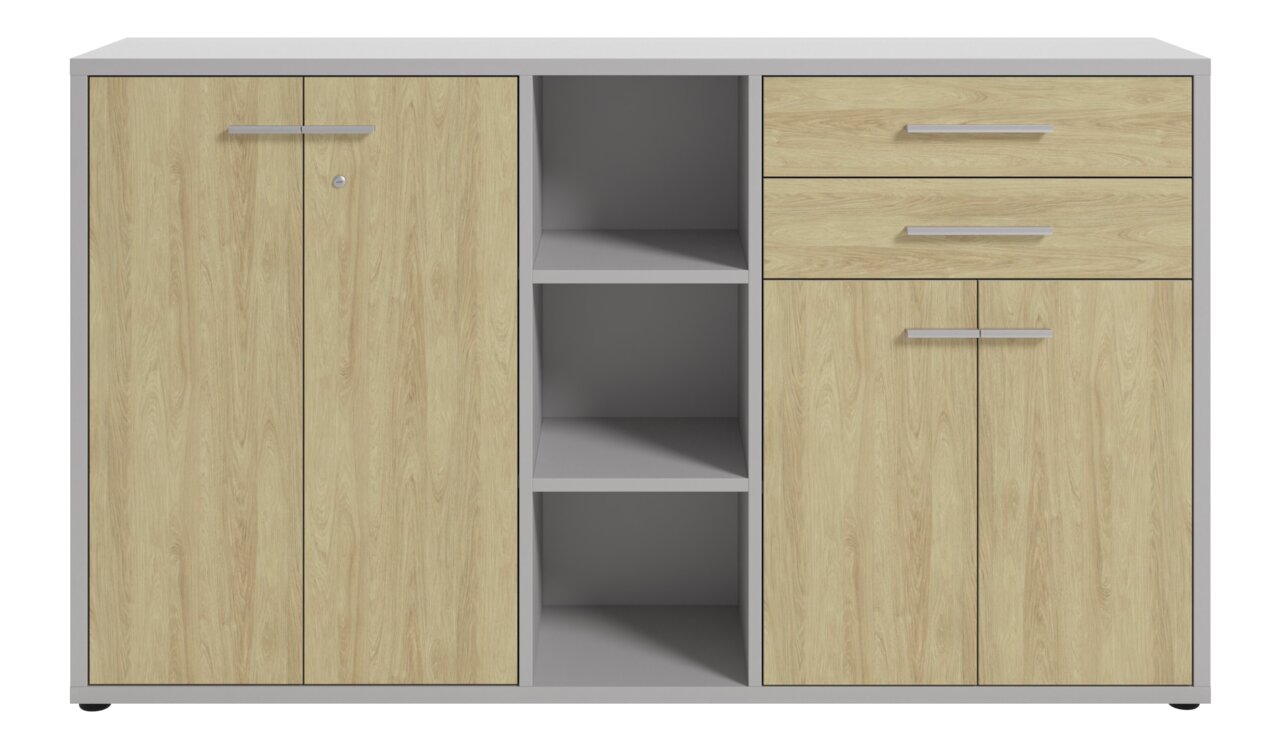 Aktenschrank mit zwei Türen, zwei Schubladen und offenen Regalfächern in Holzoptik, Frontalansicht