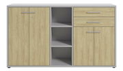 Aktenschrank mit zwei Türen, zwei Schubladen und offenen Regalfächern in Holzoptik, Frontalansicht