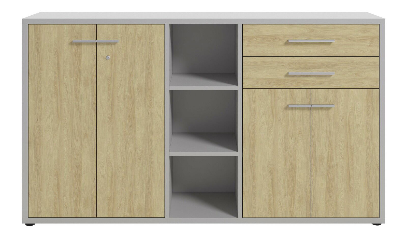 Aktenschrank mit zwei Türen, zwei Schubladen und offenen Regalfächern in Holzoptik, Frontalansicht