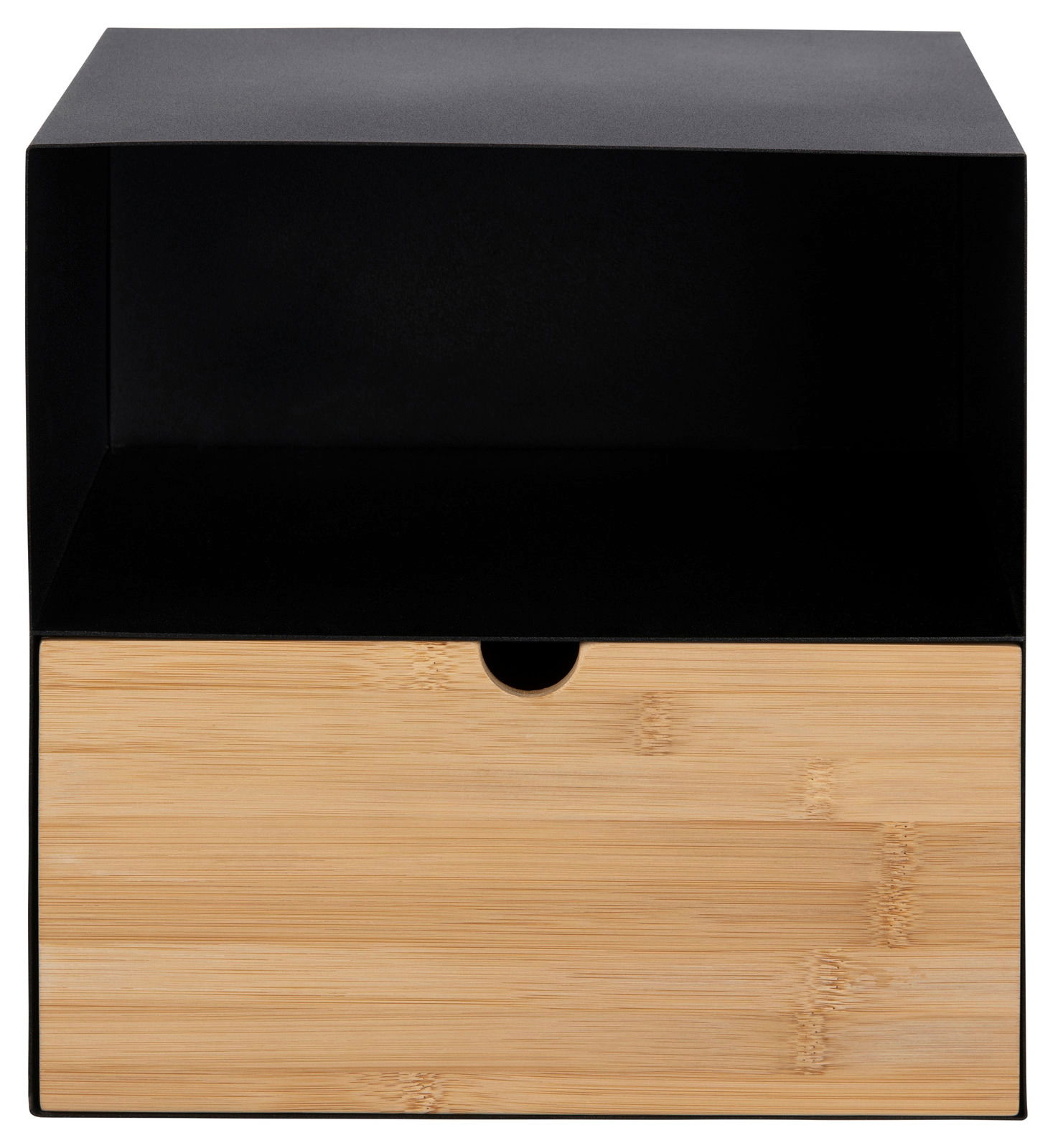 Moderne Nachtkommode mit schwarzem Korpus und Schublade aus hellem Holz, Frontalansicht