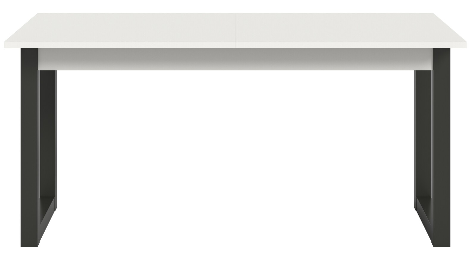 Moderner Esstisch mit weißer Tischplatte und schwarzen Metallbeinen, Frontalansicht.