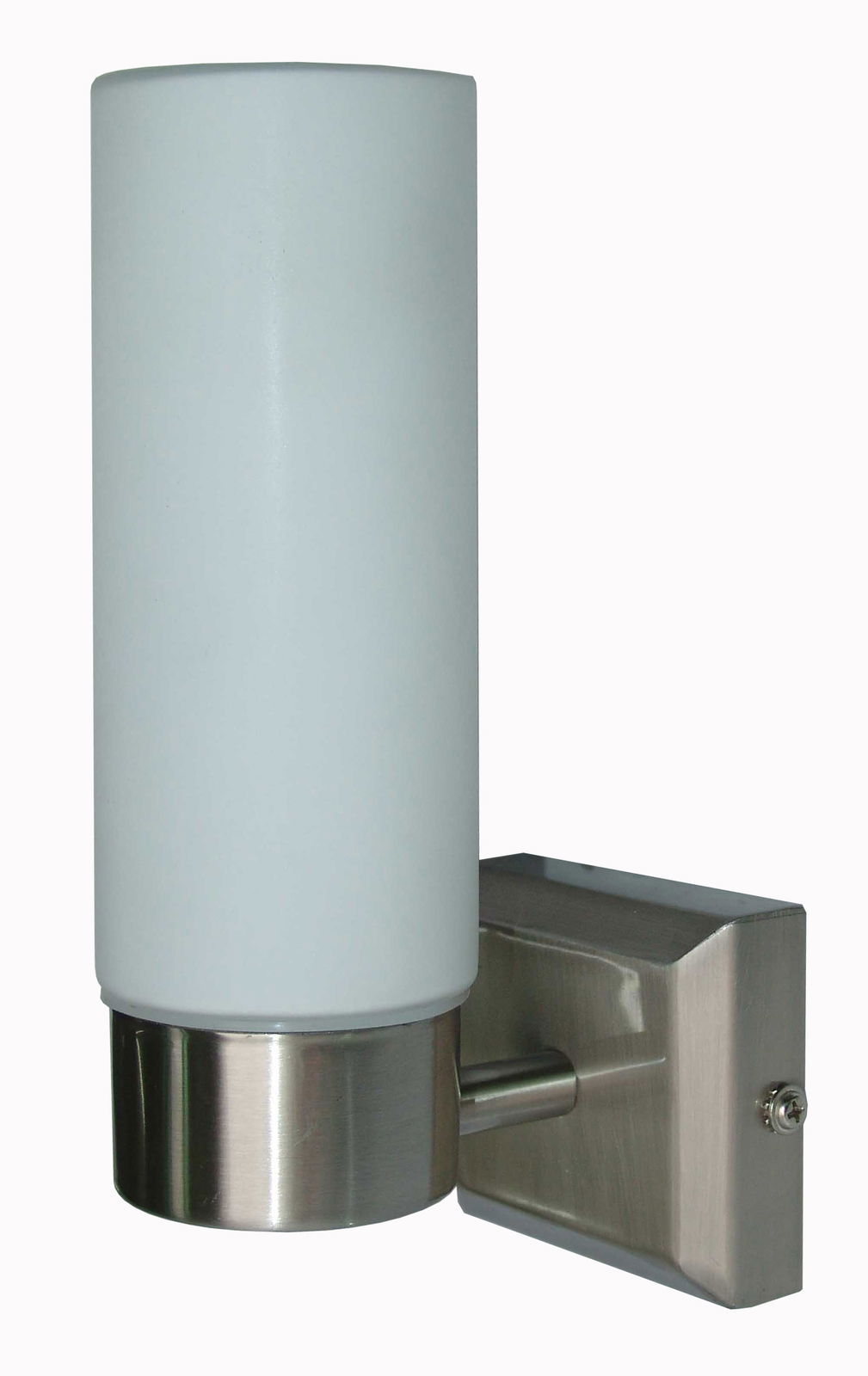 Moderne Bad-Wandleuchte SPACE mit zylindrischem, weißem Glas und gebürstetem Metall, seitliche Perspektive