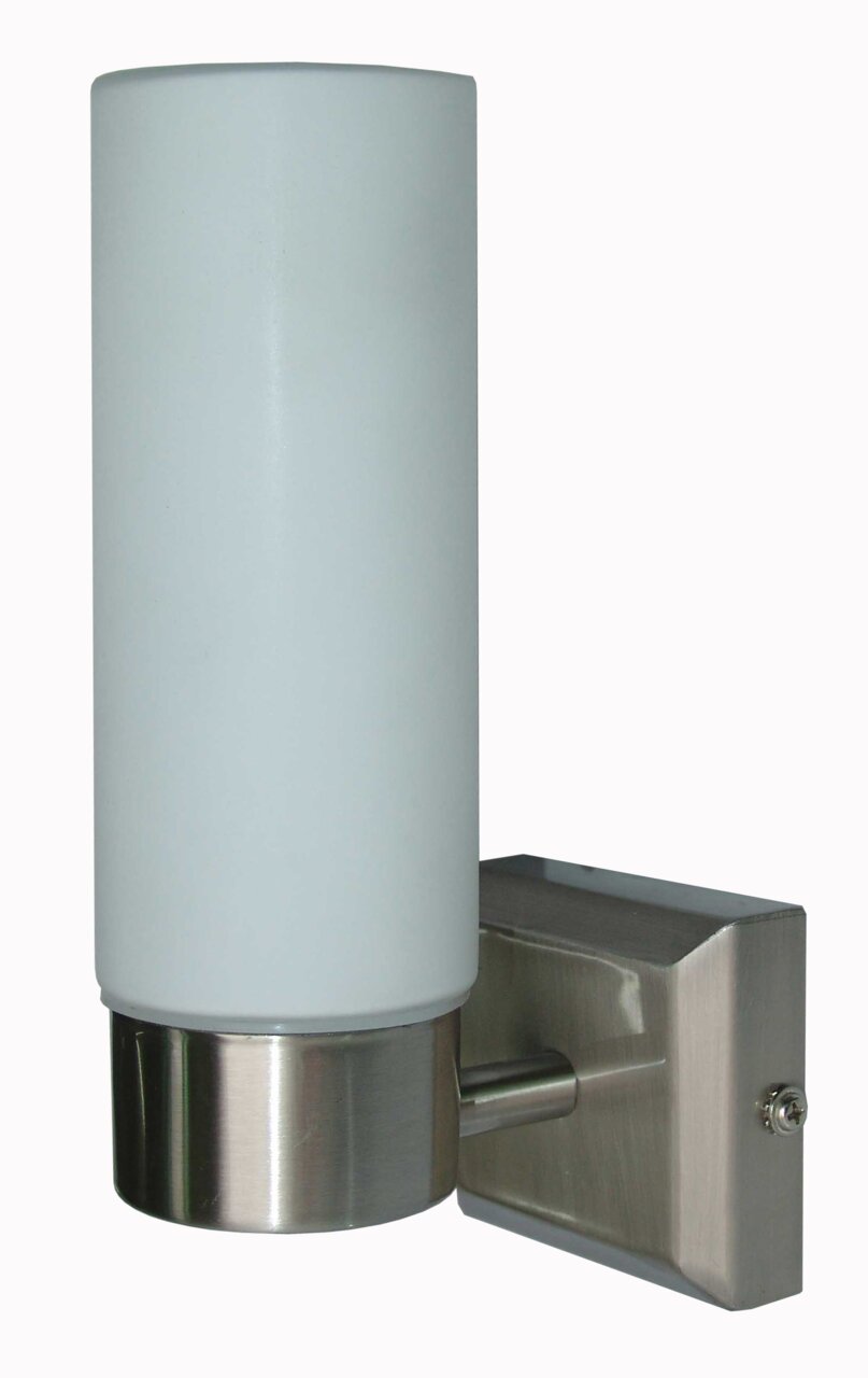 Globo Lighting Bad-Wandleuchte SPACE Moderne Bad-Wandleuchte SPACE mit zylindrischem, weißem Glas und gebürstetem Metall, seitliche Perspektive