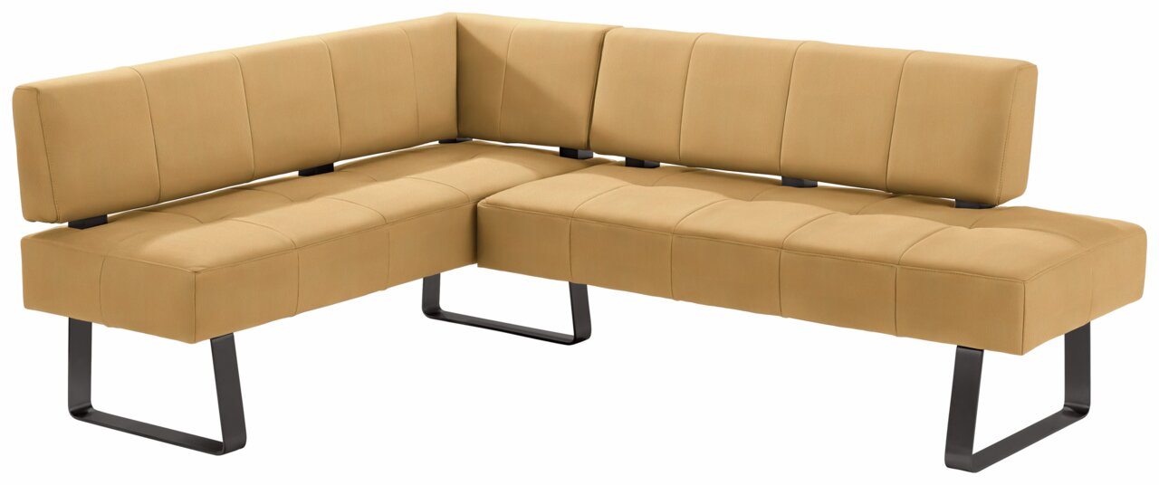 Moderano Eckbank LUPO II Eckbank in hellbraunem Stoff mit schwarzem Metallgestell, perspektivisch von vorne links fotografiert.