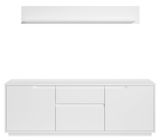 Weißes TV-Lowboard und Wandboard, frontal betrachtet, mit modernem, minimalistischem Design.