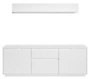 Wit tv-lowboard en wandplank, gezien vanaf de voorkant, met een modern, minimalistisch ontwerp.
