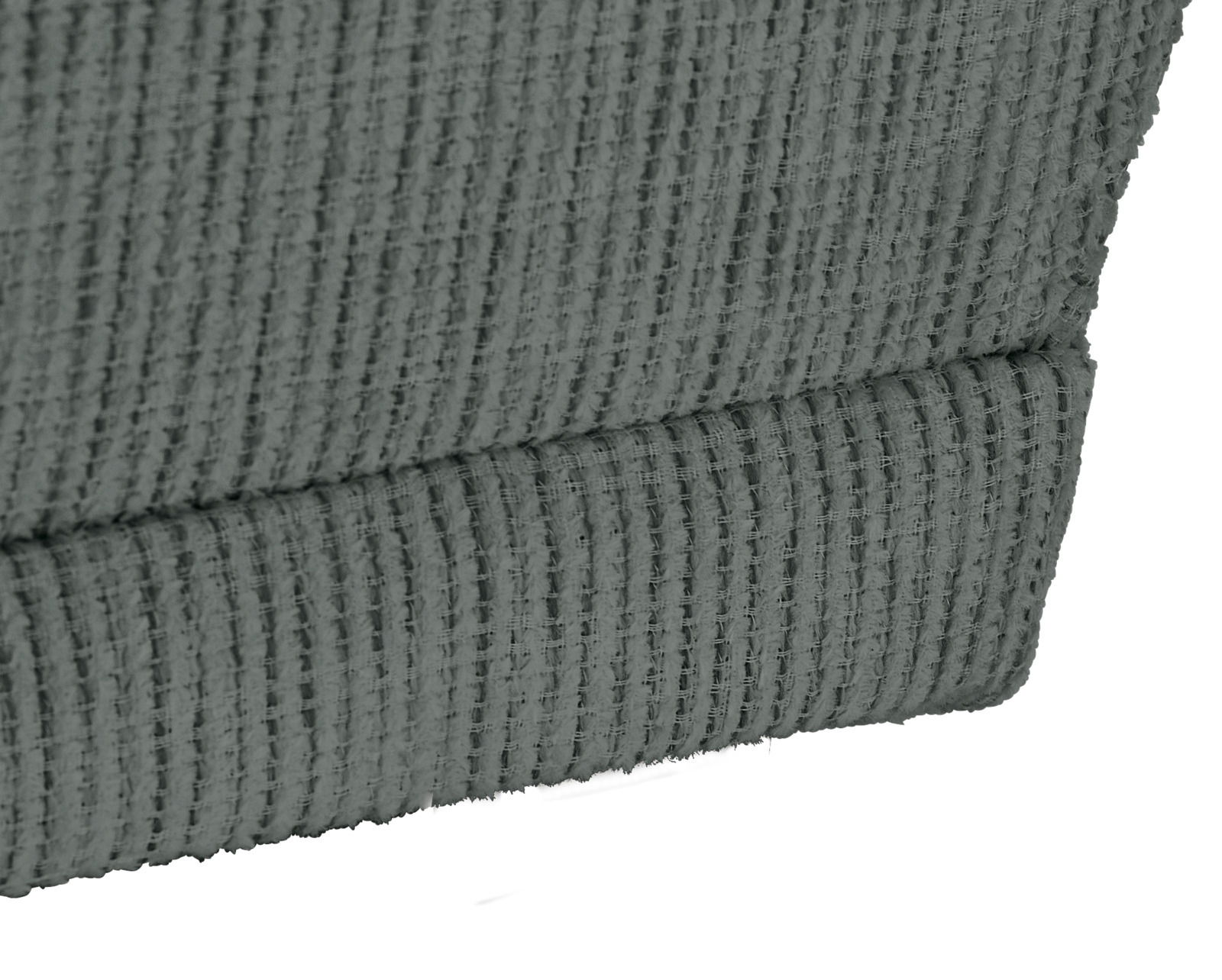 Nahaufnahme einer Recamiere mit strukturiertem Stoffbezug in grauer Farbe, seitliche Perspektive