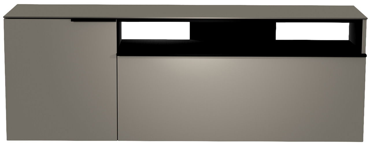 Frontansicht des Moderano Hänge-Lowboards Serie BORMIO in grauer Farbe mit offenem Fach und zwei Türen.
