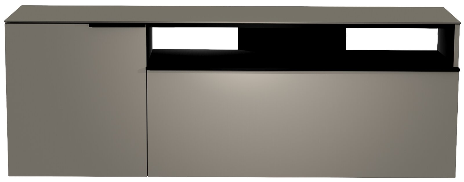 Frontansicht des Moderano Hänge-Lowboards Serie BORMIO in grauer Farbe mit offenem Fach und zwei Türen.